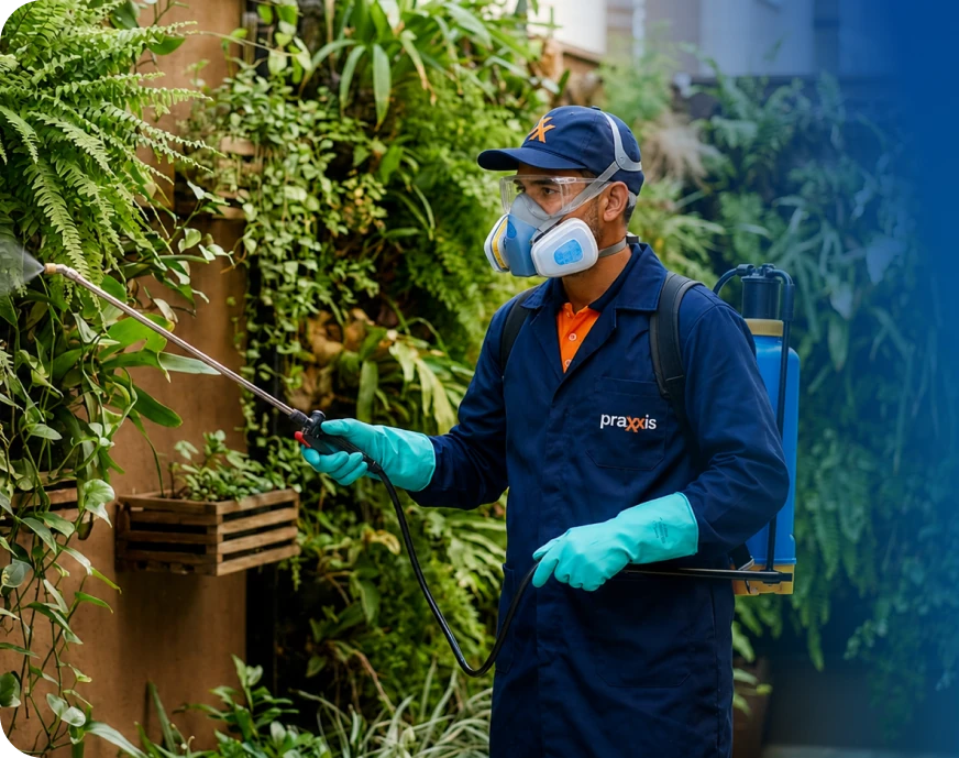 Profissional da Praxxis aplicando produto em uma área verde